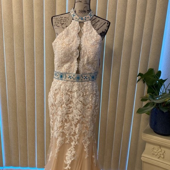 Stunning Ivory Lace & Blue Embellishments Formal Evening Gown… - Picture 3 of 15